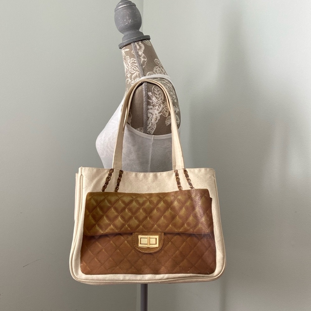 Thursday Friday Canvas Coated Quilt Print Tote Bag Cream Tan Gold